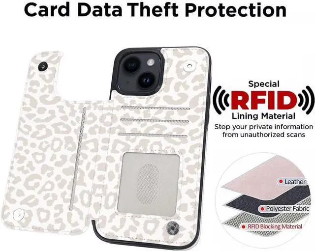 Alt view image 4 of 7 - uCOLOR Compatible with iPhone 14/15 Plus 6.7" Wallet Case with Card Holder Slots Folio Flip PU Leather Kickstand Magnetic Clasp and RFID Blocking Cover (Beige Leopard)