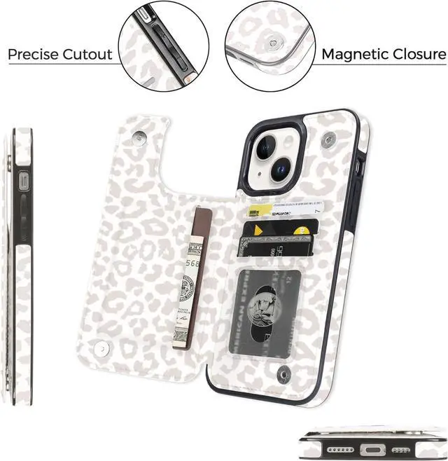 Alt view image 5 of 7 - uCOLOR Compatible with iPhone 14/15 Plus 6.7" Wallet Case with Card Holder Slots Folio Flip PU Leather Kickstand Magnetic Clasp and RFID Blocking Cover (Beige Leopard)