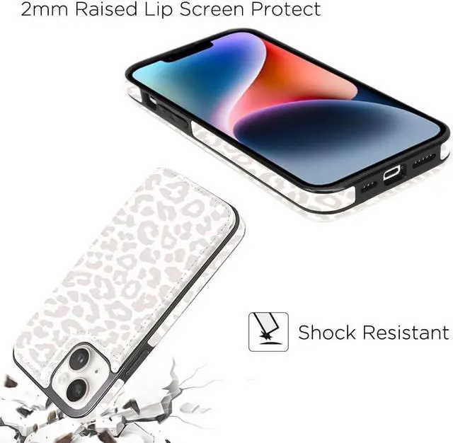 Alt view image 6 of 7 - uCOLOR Compatible with iPhone 14/15 Plus 6.7" Wallet Case with Card Holder Slots Folio Flip PU Leather Kickstand Magnetic Clasp and RFID Blocking Cover (Beige Leopard)