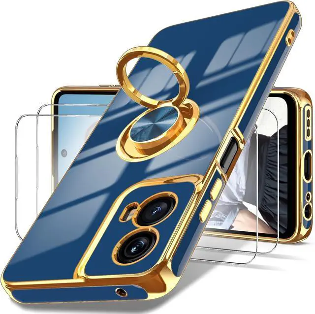 Main image of Dretal for Motorola G 5G 2024 Case, Moto G 5G 2024 Case,2X Screen Protector, 360° Rotatable Ring Holder Magnetic Kickstand,Plated Gold Edge Slim Soft TPU Protective Cover (Blue)