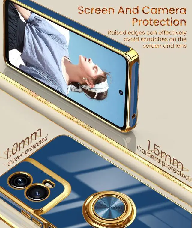 Alt view image 3 of 7 - Dretal for Motorola G 5G 2024 Case, Moto G 5G 2024 Case,2X Screen Protector, 360° Rotatable Ring Holder Magnetic Kickstand,Plated Gold Edge Slim Soft TPU Protective Cover (Blue)