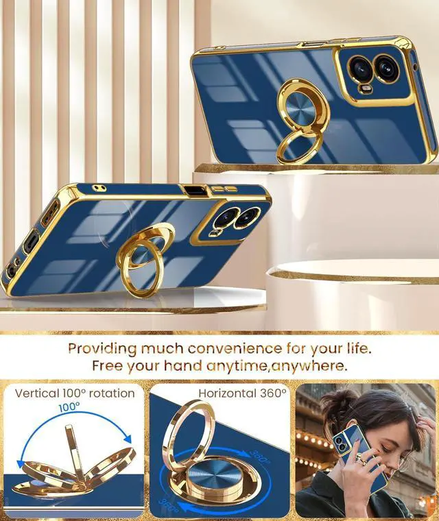 Alt view image 4 of 7 - Dretal for Motorola G 5G 2024 Case, Moto G 5G 2024 Case,2X Screen Protector, 360° Rotatable Ring Holder Magnetic Kickstand,Plated Gold Edge Slim Soft TPU Protective Cover (Blue)