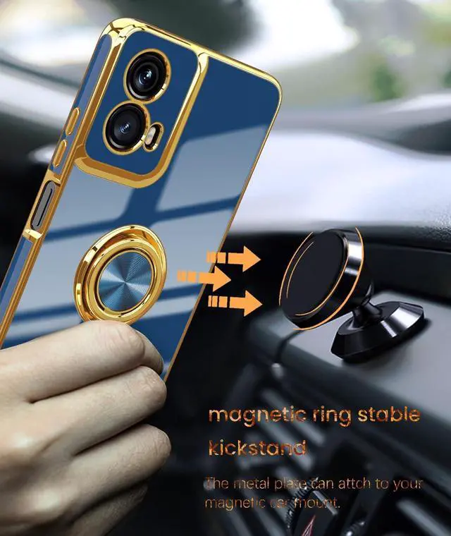 Alt view image 6 of 7 - Dretal for Motorola G 5G 2024 Case, Moto G 5G 2024 Case,2X Screen Protector, 360° Rotatable Ring Holder Magnetic Kickstand,Plated Gold Edge Slim Soft TPU Protective Cover (Blue)