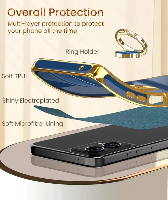 Alt view image 5 of 7 - Dretal for Motorola G 5G 2024 Case, Moto G 5G 2024 Case,2X Screen Protector, 360° Rotatable Ring Holder Magnetic Kickstand,Plated Gold Edge Slim Soft TPU Protective Cover (Blue)