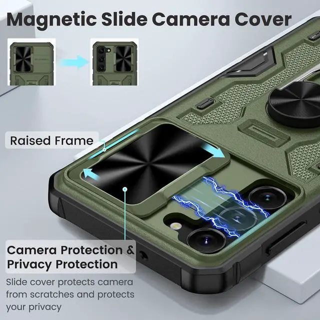Alt view image 3 of 7 - Caka for Samsung Galaxy S23 Plus Case, S23 Plus Case with Slide Camera Cover & Kickstand with Built-in 360° Rotate Ring Stand Magnetic Protective Case for Galaxy S23+ 5G- Green