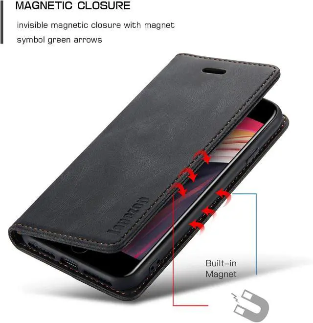 Alt view image 5 of 7 - Case for iPhone SE 2022/iPhone SE 2020/iPhone 8/iPhone 7,[Premium Leather] [Soft TPU] [RFID Blocking][Card Slots] [Magnetic Kickstand] Flip Wallet Case for iPhone 7/8/ iPhone SE (2020/2022)(Black)