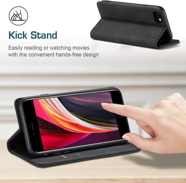 Alt view image 6 of 7 - Case for iPhone SE 2022/iPhone SE 2020/iPhone 8/iPhone 7,[Premium Leather] [Soft TPU] [RFID Blocking][Card Slots] [Magnetic Kickstand] Flip Wallet Case for iPhone 7/8/ iPhone SE (2020/2022)(Black)
