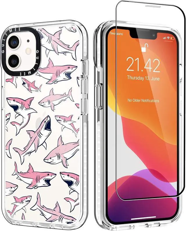 Main image of Design for iPhone 12 case & iPhone 12 Pro Case 6.1 inch with Tempered Glass Screen Protector,Cute Pink Sharks Print Slim Design with Shockproof PC Bumper Protective Cover Case for Women Girls