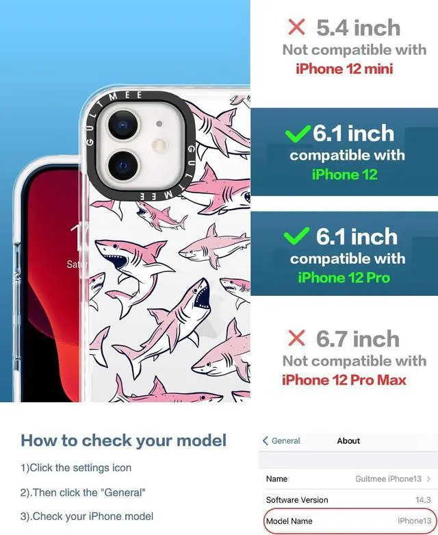 Alt view image 2 of 6 - Design for iPhone 12 case & iPhone 12 Pro Case 6.1 inch with Tempered Glass Screen Protector,Cute Pink Sharks Print Slim Design with Shockproof PC Bumper Protective Cover Case for Women Girls