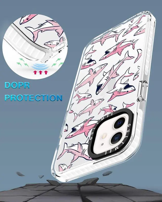 Alt view image 4 of 6 - Design for iPhone 12 case & iPhone 12 Pro Case 6.1 inch with Tempered Glass Screen Protector,Cute Pink Sharks Print Slim Design with Shockproof PC Bumper Protective Cover Case for Women Girls