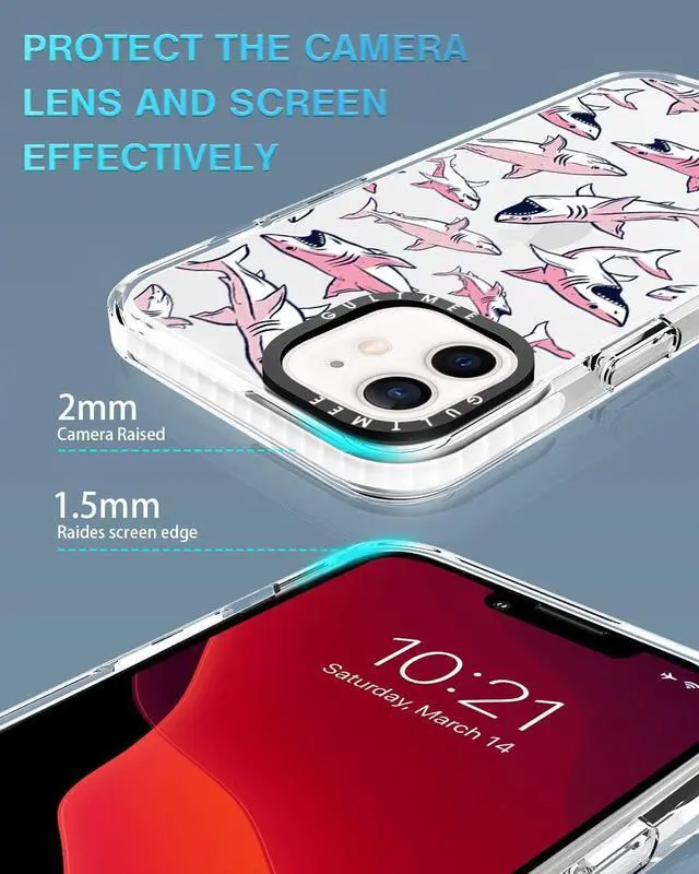 Alt view image 5 of 6 - Design for iPhone 12 case & iPhone 12 Pro Case 6.1 inch with Tempered Glass Screen Protector,Cute Pink Sharks Print Slim Design with Shockproof PC Bumper Protective Cover Case for Women Girls