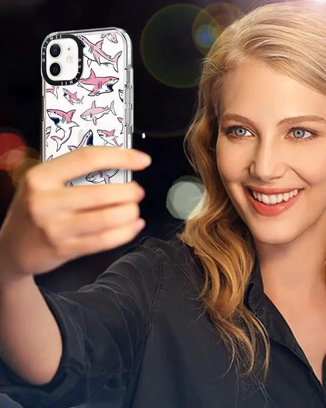 Alt view image 6 of 6 - Design for iPhone 12 case & iPhone 12 Pro Case 6.1 inch with Tempered Glass Screen Protector,Cute Pink Sharks Print Slim Design with Shockproof PC Bumper Protective Cover Case for Women Girls