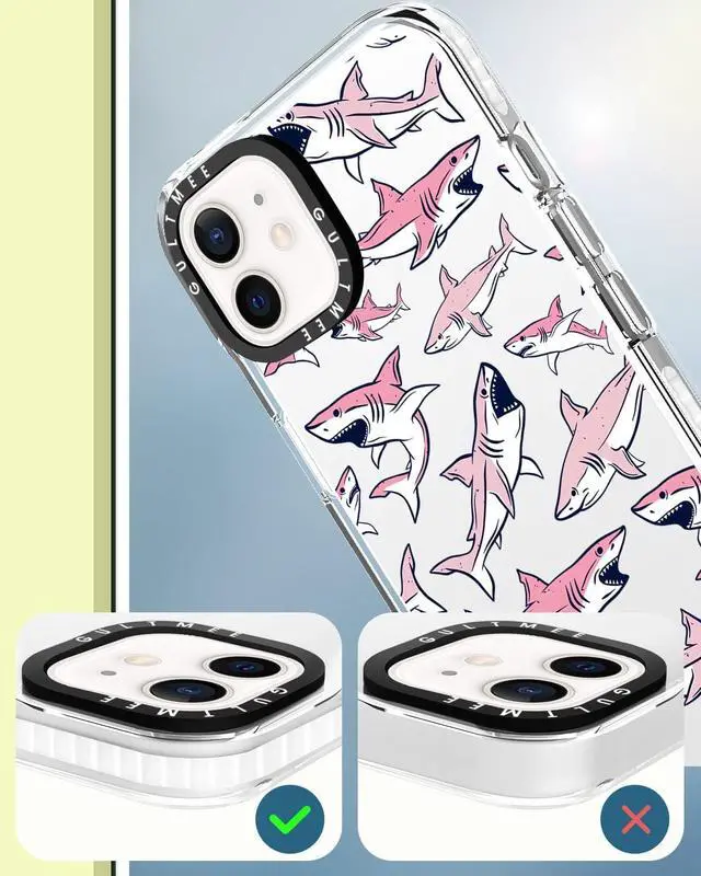 Alt view image 3 of 6 - Design for iPhone 12 case & iPhone 12 Pro Case 6.1 inch with Tempered Glass Screen Protector,Cute Pink Sharks Print Slim Design with Shockproof PC Bumper Protective Cover Case for Women Girls