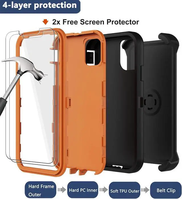 Alt view image 3 of 7 - for iPhone 11 Case with Belt Clip Holster, 2 x Screen Protector, [Military Grade] Heavy Duty Full Body Shockproof Dust-Proof Drop Proof Rugged Protective Cover for Apple iPhone 11 Orange