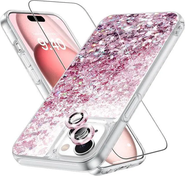 Main image of Caka [3 in 1] Case for iPhone 15, iPhone 15 Case with Camera Cover Protector & Screen Protector Glitter Bling Sparkle for Women Girls Liquid Clear Case for iPhone 15 6.1 inches - Rose Gold