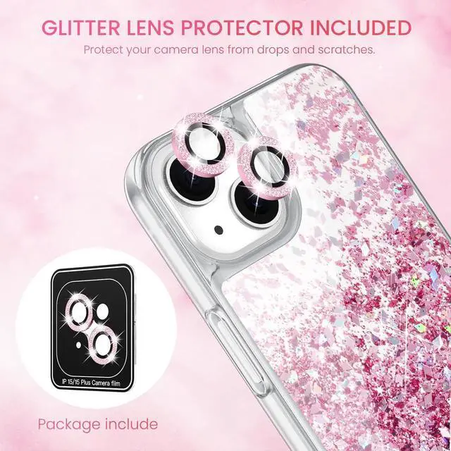 Alt view image 2 of 7 - Caka [3 in 1] Case for iPhone 15, iPhone 15 Case with Camera Cover Protector & Screen Protector Glitter Bling Sparkle for Women Girls Liquid Clear Case for iPhone 15 6.1 inches - Rose Gold