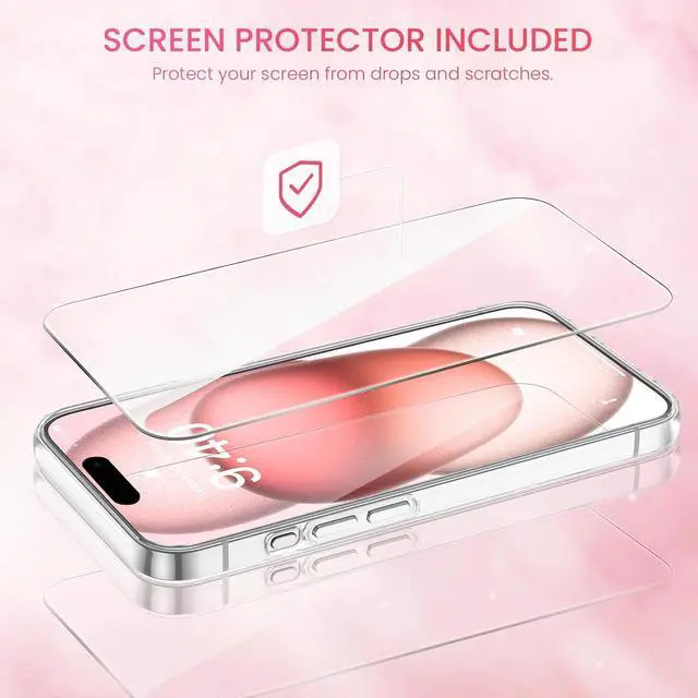 Alt view image 3 of 7 - Caka [3 in 1] Case for iPhone 15, iPhone 15 Case with Camera Cover Protector & Screen Protector Glitter Bling Sparkle for Women Girls Liquid Clear Case for iPhone 15 6.1 inches - Rose Gold