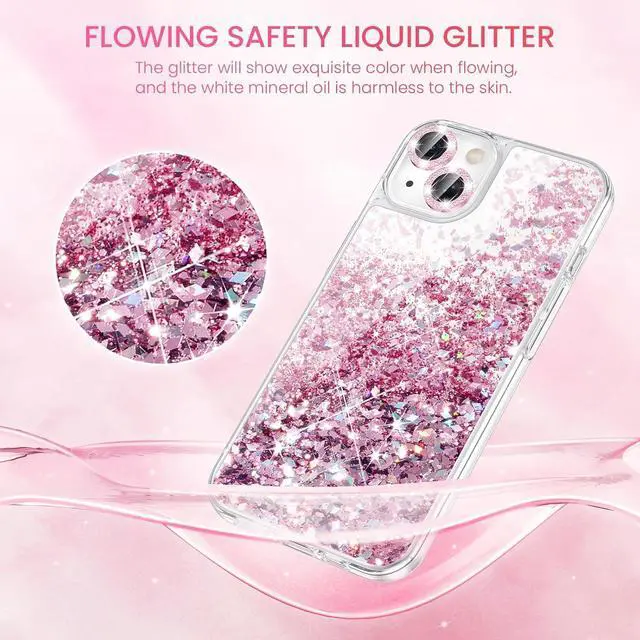 Alt view image 4 of 7 - Caka [3 in 1] Case for iPhone 15, iPhone 15 Case with Camera Cover Protector & Screen Protector Glitter Bling Sparkle for Women Girls Liquid Clear Case for iPhone 15 6.1 inches - Rose Gold