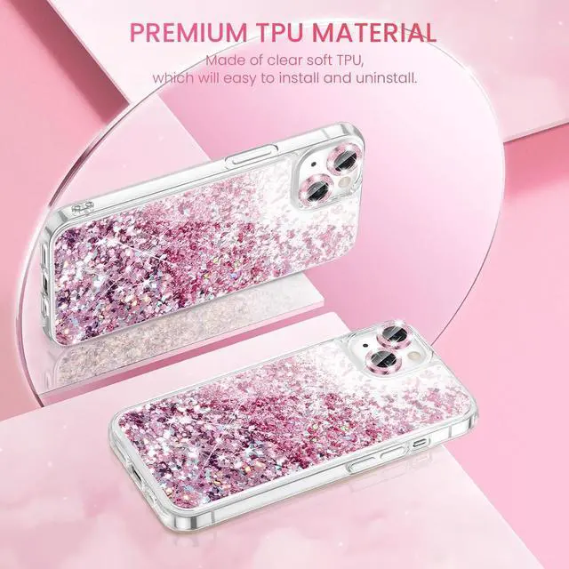Alt view image 6 of 7 - Caka [3 in 1] Case for iPhone 15, iPhone 15 Case with Camera Cover Protector & Screen Protector Glitter Bling Sparkle for Women Girls Liquid Clear Case for iPhone 15 6.1 inches - Rose Gold
