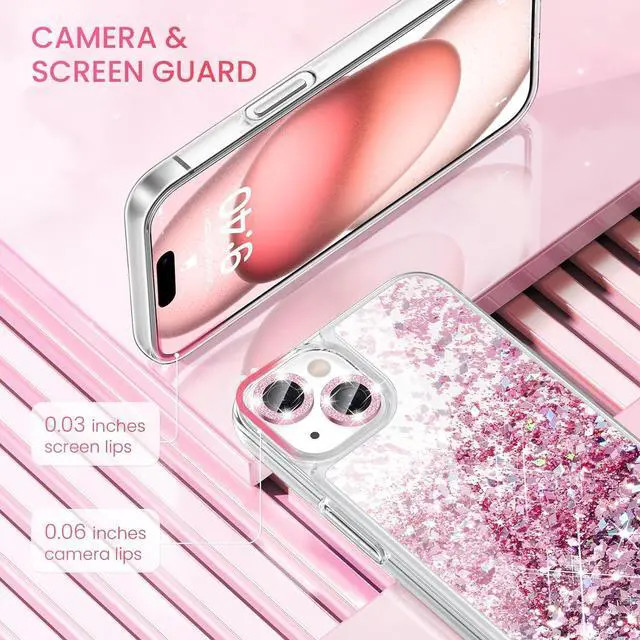 Alt view image 7 of 7 - Caka [3 in 1] Case for iPhone 15, iPhone 15 Case with Camera Cover Protector & Screen Protector Glitter Bling Sparkle for Women Girls Liquid Clear Case for iPhone 15 6.1 inches - Rose Gold