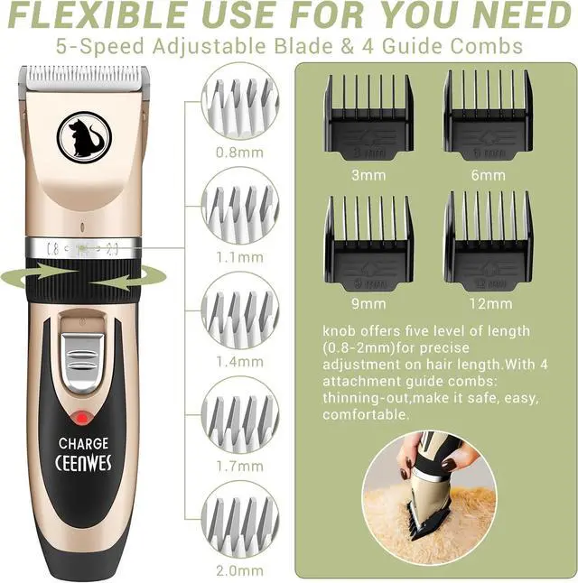 Alt view image 3 of 7 - Ceenwes Dog Clippers Low Noise Pet Clippers Rechargeable Trimmer Cordless Grooming Tool Professional Dog Hair Trimmer with Comb Guides Scissors for Dogs Cats & OthersGold