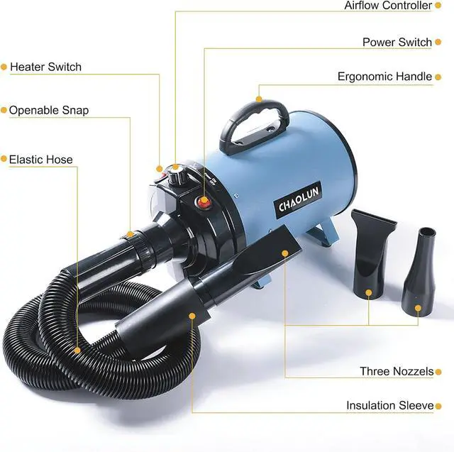 Alt view image 3 of 7 - Dog Dryer for Pet Grooming, High Velocity Pet Hair Dryer with Heater, Adjustable Speed, 3 Nozzles and a Comb, Blue