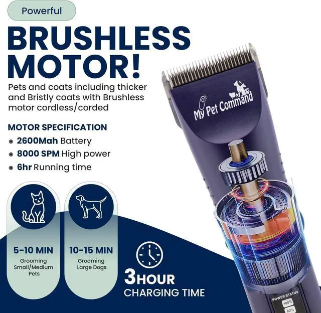 Alt view image 4 of 6 - My Pet Command Professional Light Weight Cordless Dog Grooming Clipper | Hair Trimmer, Brushless Motor, Heavy Duty Kit for Dogs, Pets, Cats and Thick Coats Low Noise, Replaceable cool running blades