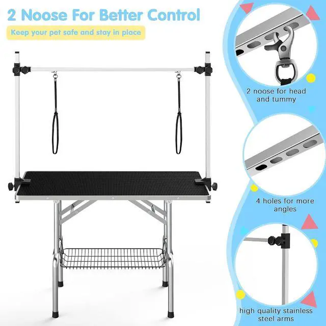 Alt view image 2 of 7 - Lyromix 36'' Foldable Dog Grooming Table with Arms/Nooses/Mesh Tray, Black