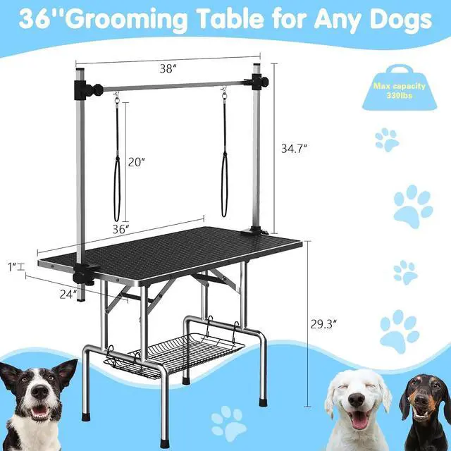 Alt view image 6 of 7 - Lyromix 36'' Foldable Dog Grooming Table with Arms/Nooses/Mesh Tray, Black