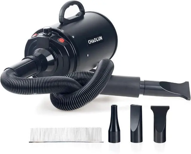 Main image of Dog Dryer for Pet Grooming, High Velocity Pet Hair Dryer with Heater, Adjustable Speed, 3 Nozzles and a Comb, Black