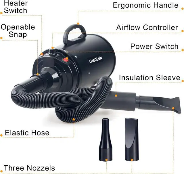 Alt view image 2 of 6 - Dog Dryer for Pet Grooming, High Velocity Pet Hair Dryer with Heater, Adjustable Speed, 3 Nozzles and a Comb, Black