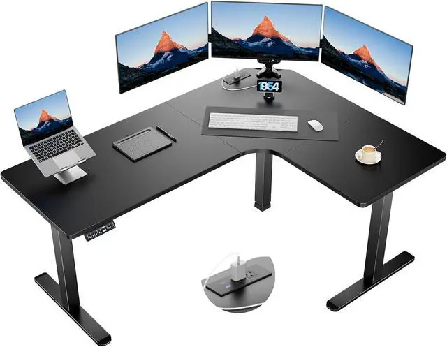 Main image of 63 Dual Motor L-Shaped Standing Desk, Built-in Power Outlets, Electric Height Adjustable Corner Computer Desk, Large Power Strip Holder, Sit Stand Up Desk with 3 Preset Heights, Black