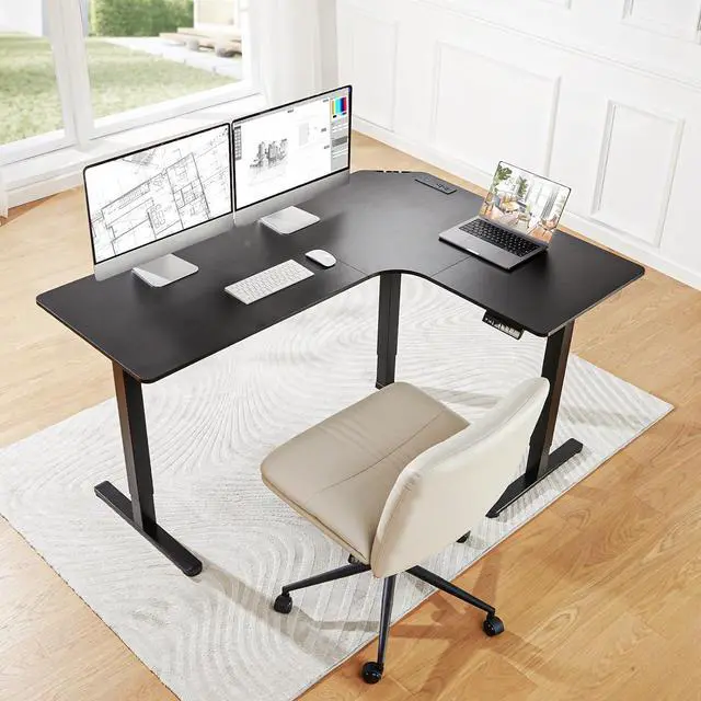Alt view image 2 of 7 - 63 Dual Motor L-Shaped Standing Desk, Built-in Power Outlets, Electric Height Adjustable Corner Computer Desk, Large Power Strip Holder, Sit Stand Up Desk with 3 Preset Heights, Black
