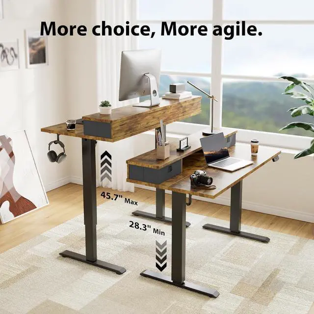 Alt view image 4 of 7 - 55 x 24 Inches Height Adjustable Electric Standing Desk with 2 Drawers, Stand Up Electric Desk Adjustable Height, Sit Stand Computer Gaming Table with Splice Board, Rustic Brown