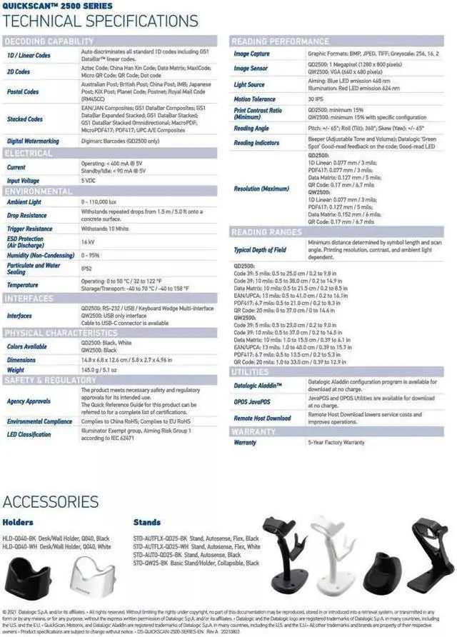 Alt view image 7 of 7 - Datalogic QW2520-BKK1 QuickScan 1D/2D Imager Barcode Scanner with USB Cable Kit