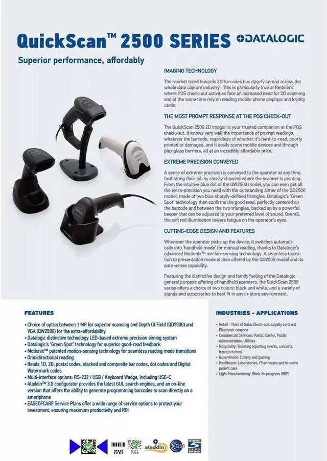 Alt view image 6 of 7 - Datalogic QW2520-BKK1 QuickScan 1D/2D Imager Barcode Scanner with USB Cable Kit