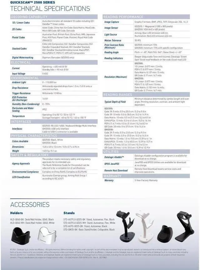 Alt view image 7 of 7 - Datalogic QW2520-BKK1 QuickScan 1D/ 2D Handheld Barcode Scanner With USB Cable