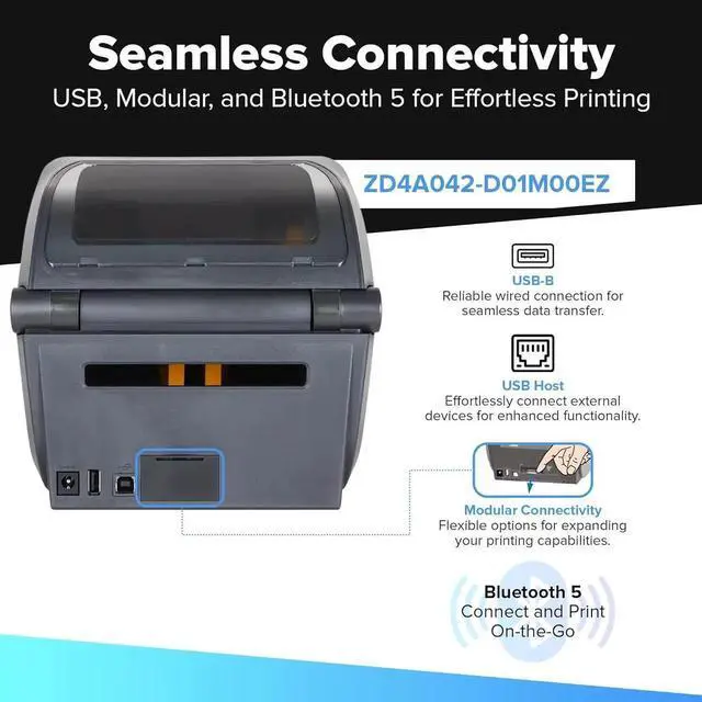 Alt view image 3 of 7 - Ze,br,a ZD421 Direct Thermal Desktop Printer 300DPI ZD4AC43-309M00EZ W/USB Cable