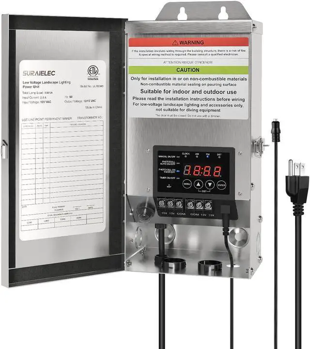 Main image of 300W Landscape Transformer (12V/15V AC), Outdoor Low Voltage Transformers for Landscape Lighting, Detachable Photocell Sensor & Digital Timer, Stainless Steel, ETL Listed