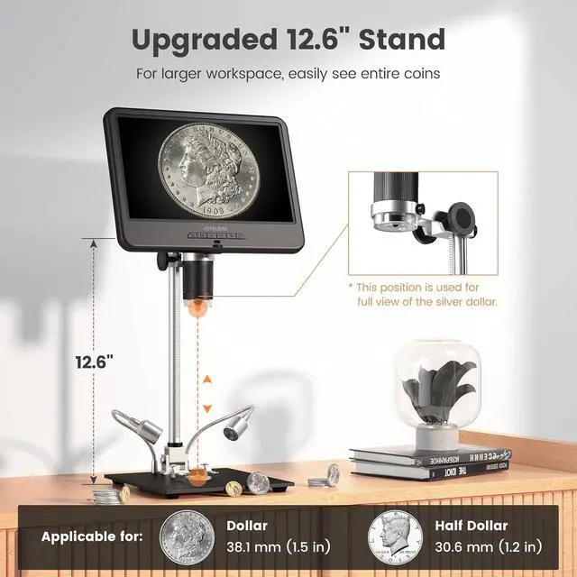 Alt view image 2 of 7 - JL210 10.1'' Digital Microscope for Adults, Coin Magnifier Microscopes Full View for Error Coins, Soldering Electronics Microscopes Camera, 8 LED, 12.6" Metal Stand, PC View, 32GB