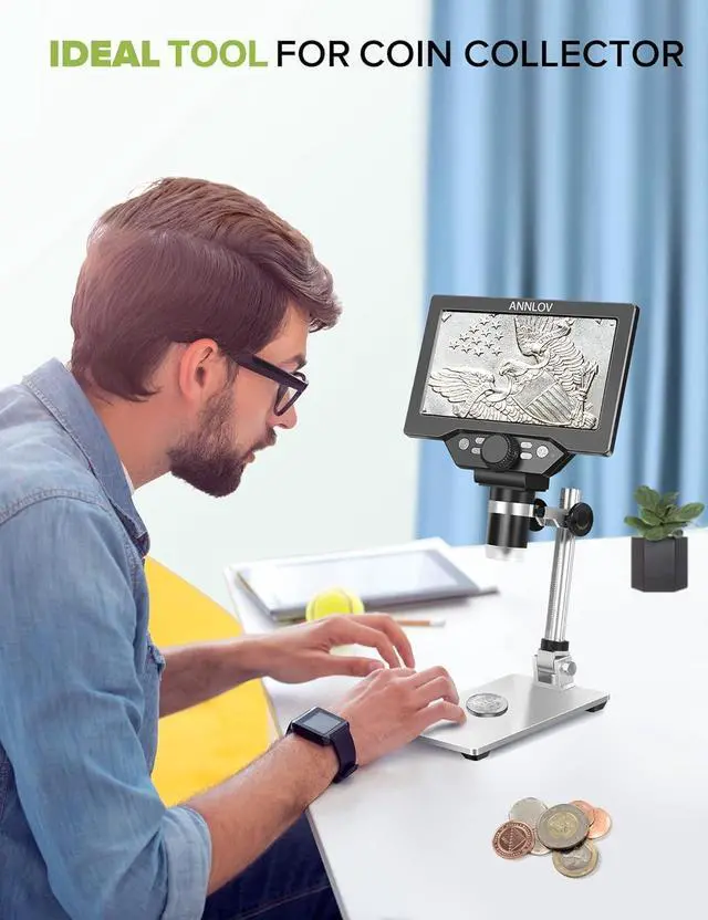 Alt view image 2 of 7 - LCD Digital Microscope ANNLOV 1200X Maginfication 1080P Coin Microscope with Metal Stand,12MP Ultra-Precise Focusing Video Camera for Kids Adults,8 LED Fill Lights Windows/Mac Compatible