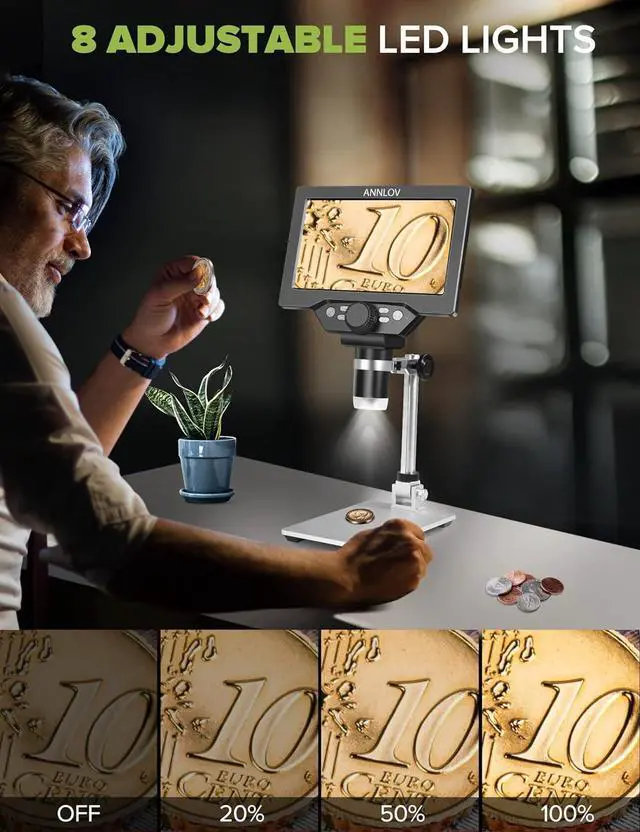 Alt view image 6 of 7 - LCD Digital Microscope ANNLOV 1200X Maginfication 1080P Coin Microscope with Metal Stand,12MP Ultra-Precise Focusing Video Camera for Kids Adults,8 LED Fill Lights Windows/Mac Compatible