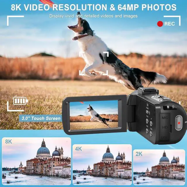 Alt view image 2 of 7 - 8K 64MP Camcorder Video Camera 18X Digital Zoom YouTube Vlogging Camera Webcam IR Night Vision WiFi 3.0Touch Screen Camcorders with Microphone, 32G SD Card, Remote Control and 2 Batteries