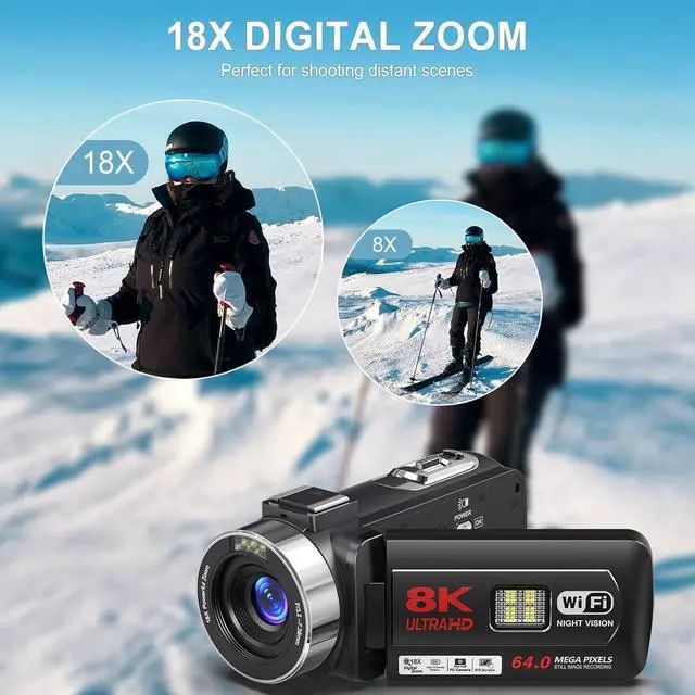 Alt view image 3 of 7 - 8K 64MP Camcorder Video Camera 18X Digital Zoom YouTube Vlogging Camera Webcam IR Night Vision WiFi 3.0Touch Screen Camcorders with Microphone, 32G SD Card, Remote Control and 2 Batteries