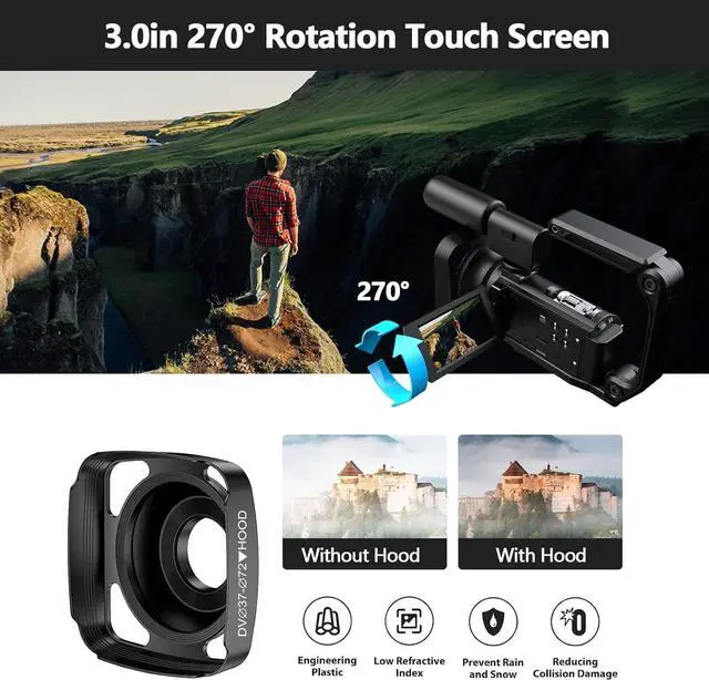 Alt view image 3 of 7 - Video Camera Camcorder 5K 56MP Vlogging Camera YouTube WiFi Night Vision 3 270° Rotatable Touchscreen Podcast Camera Recorder with 64GB SD Card, Microphone, Stabilizer, Remote, 2 Batteries, Tripod