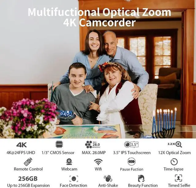 Alt view image 2 of 7 - 4K Video Camera Camcorder, AC5 4K Ultra HD Camcorder w/12x Optical Zoom 100x ligent Zoom for Vlogging, WiFi UHD Camcorder 3.1" IPS Touch Screen w/Mic Wide Angle Lens