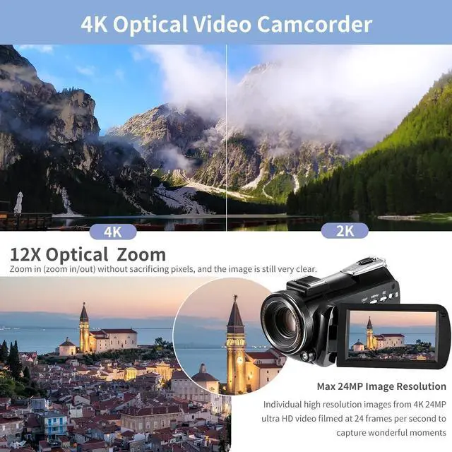 Alt view image 3 of 7 - 4K Video Camera Camcorder, AC5 4K Ultra HD Camcorder w/12x Optical Zoom 100x ligent Zoom for Vlogging, WiFi UHD Camcorder 3.1" IPS Touch Screen w/Mic Wide Angle Lens