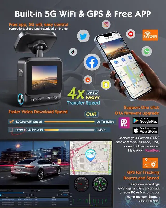 Alt view image 4 of 7 - Sarmert C1 5K Dash Cam Front - Built-in GPS and 5G WiFi, Sony STARVIS Sensor, HDR Night Vision Car Camera, 5K/4K/2.5K UHD Dash Camera for Cars, Loop Recording, WDR, G-Sensor, 24H Parking Mode