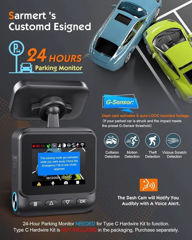 Alt view image 6 of 7 - Sarmert C1 5K Dash Cam Front - Built-in GPS and 5G WiFi, Sony STARVIS Sensor, HDR Night Vision Car Camera, 5K/4K/2.5K UHD Dash Camera for Cars, Loop Recording, WDR, G-Sensor, 24H Parking Mode