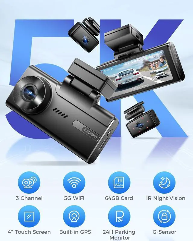 Alt view image 2 of 7 - AZDOME 5K 3 Channel Dash Cam, Free 64GB Card, 4" Touchscreen Car Camera, 5G WiFi GPS Dashcam Front and Rear Inside 4K+1080P+1080P, IR Night Vision Driving Recorder, G-Sensor Parking Mode (M580)